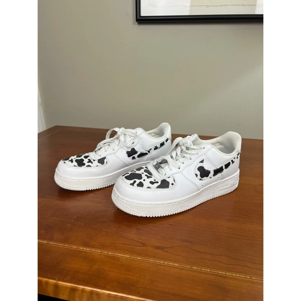 Nike Air Force 1 Low‎ Custom Cow Print White Black Sneakers 315115-112 Womens 7